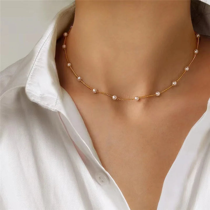 New Beads Women's Neck Chain Kpop Pearl Choker Necklace Gold Color Goth Chocker Jewelry on The Neck Pendant 2024 Collar for Girl