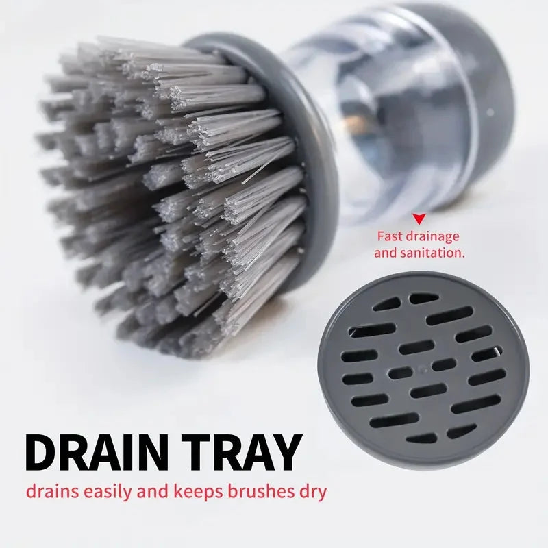 Efficient Soap Dispensing Palm Brush for Easy Kitchen Cleaning Includes Holder for Convenient Storage - Grey