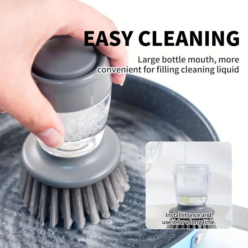 Efficient Soap Dispensing Palm Brush for Easy Kitchen Cleaning Includes Holder for Convenient Storage - Grey