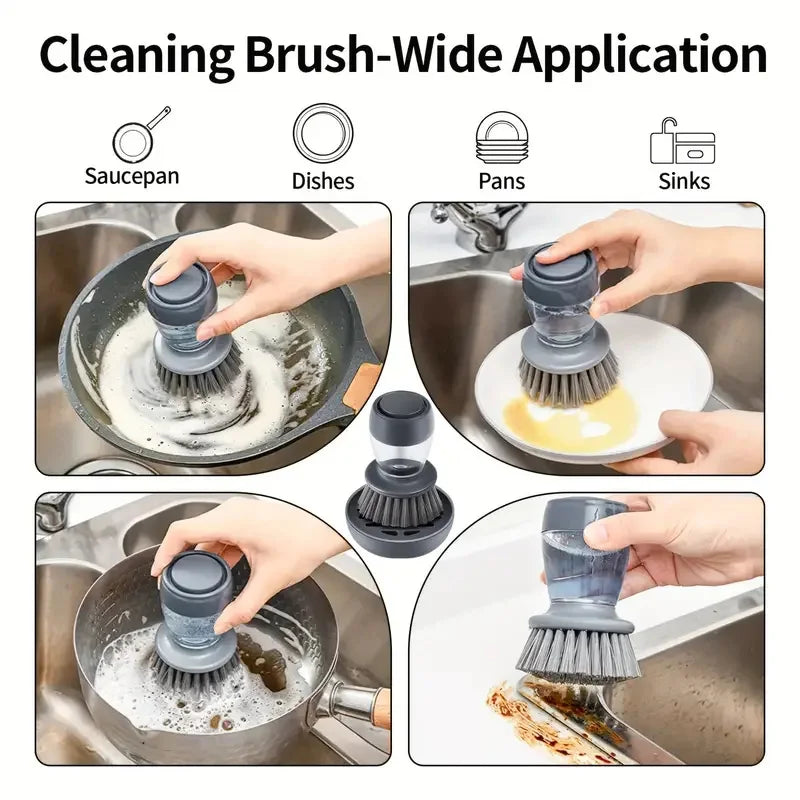 Efficient Soap Dispensing Palm Brush for Easy Kitchen Cleaning Includes Holder for Convenient Storage - Grey